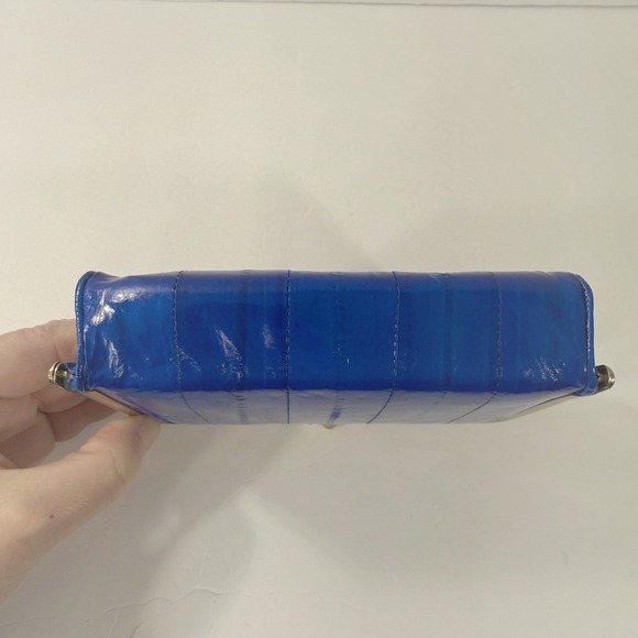 Vintage Coin Purse Eel Skin Clam Shell Make Up Bag Kiss Lock Frame Mirrored Blue - Picture 13 of 15